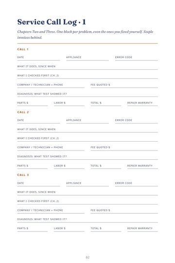 The Service Call Log fill-in page