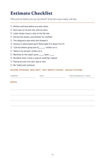 The Estimate Checklist page