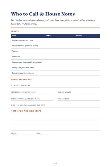 The Who to Call and House Notes page
